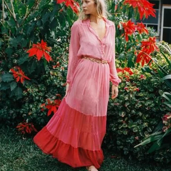 Chasing Unicorns Ombre Dreams Silk Maxi Dress Rose Pink & Red - Picture 2 of 8